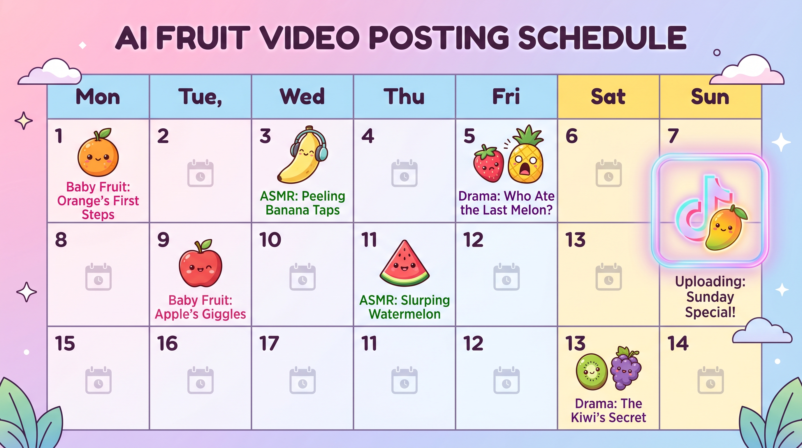 AI fruit video posting schedule for the #aiimage TikTok window