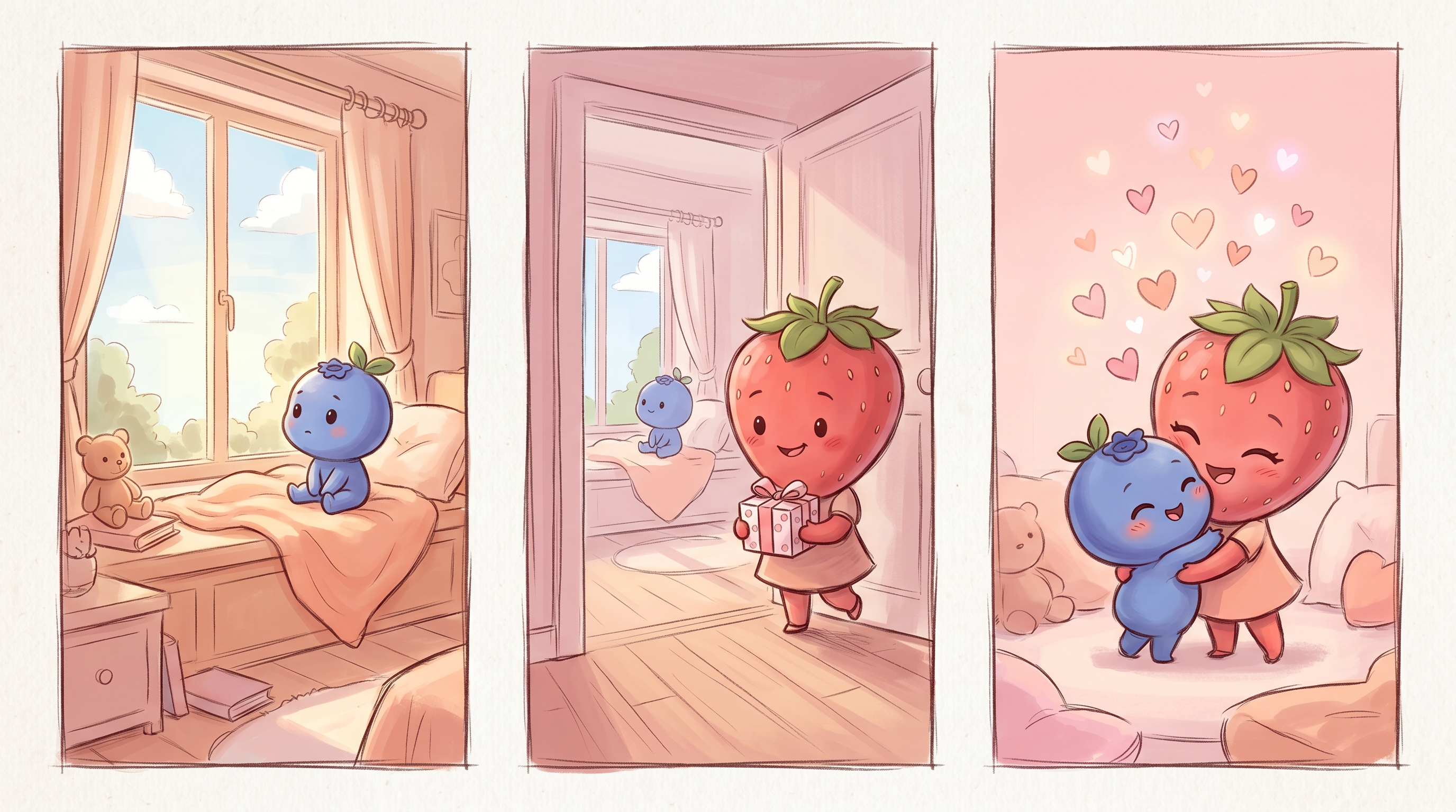 Three-scene Baby Fruit storyboard: window, mama with gift, hug