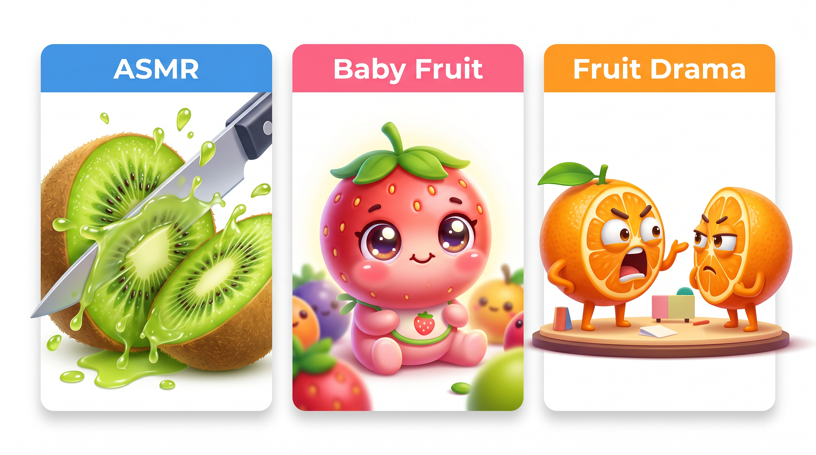 Three faceless fruit video formats: ASMR, Baby Fruit, Fruit Drama