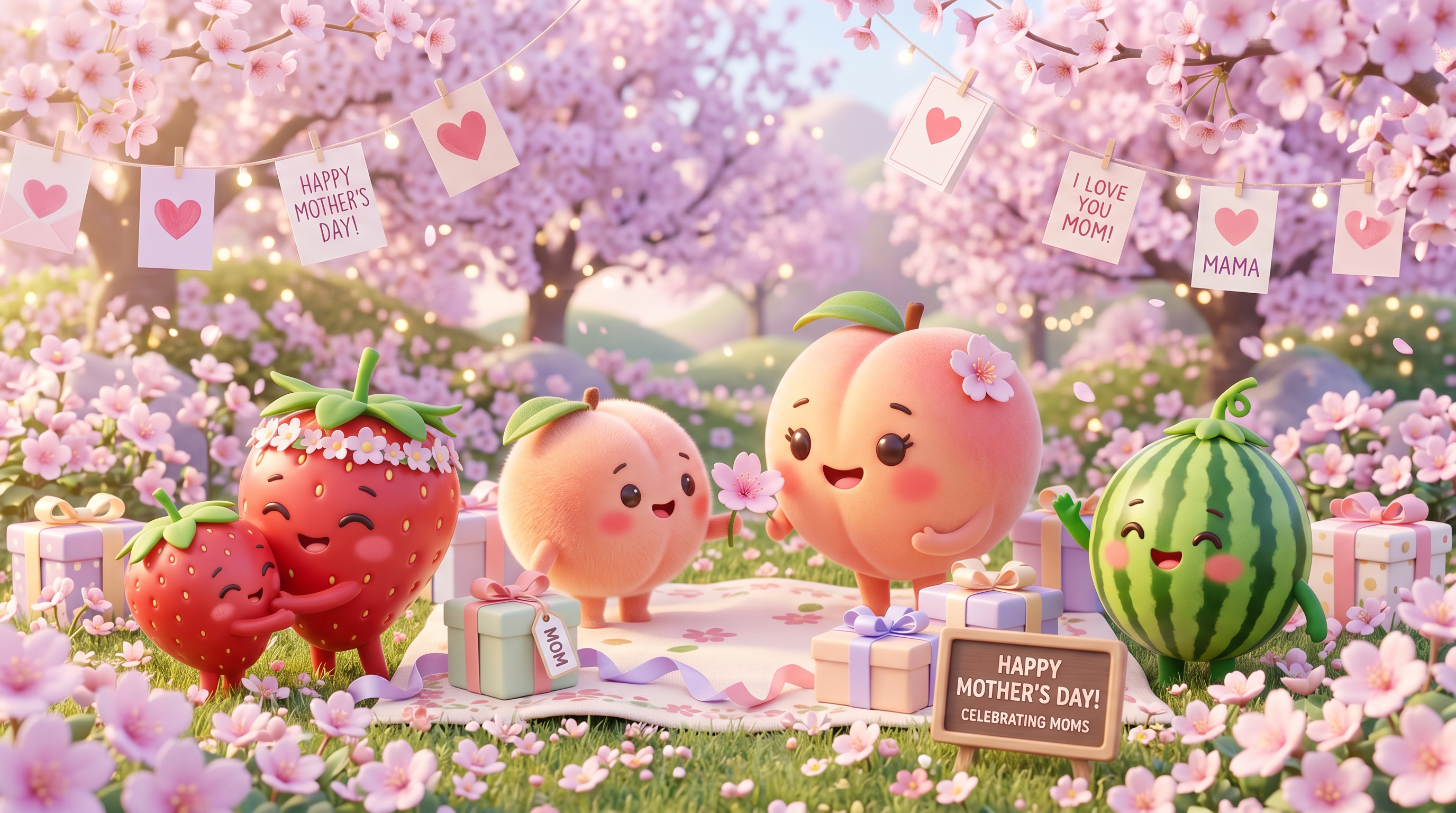Baby fruit characters celebrating Mother's Day