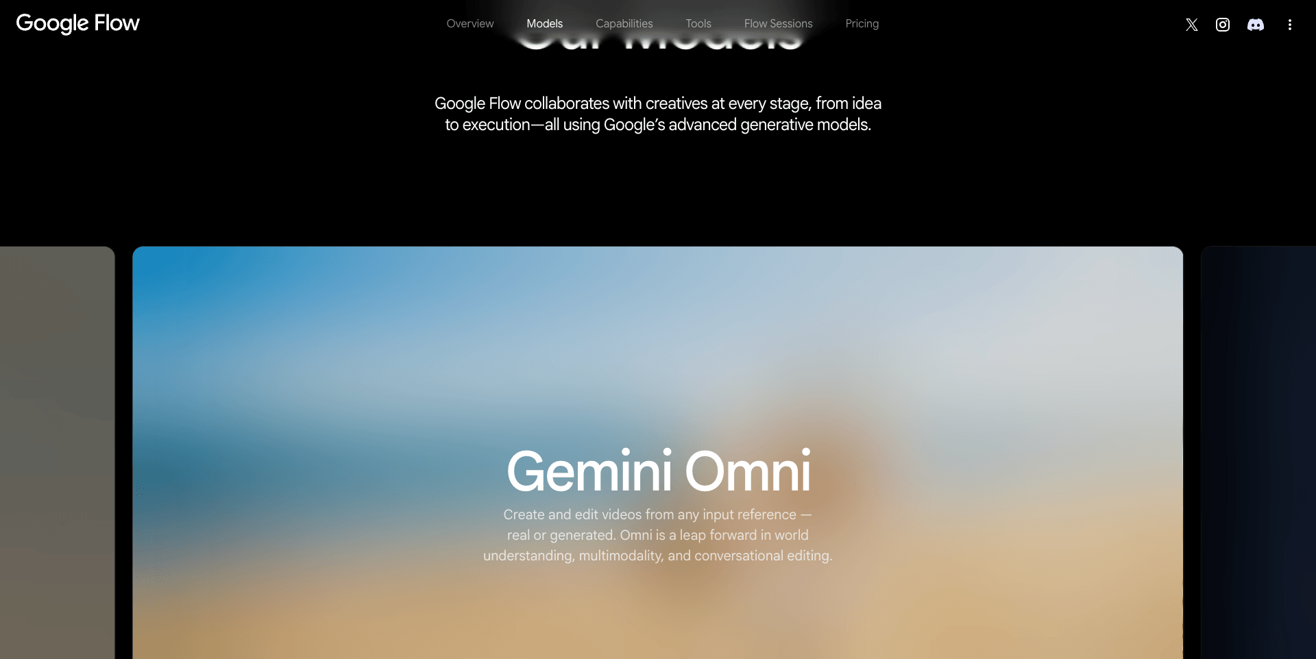Google Flow's public models page listing Gemini Omni for video creation and editing