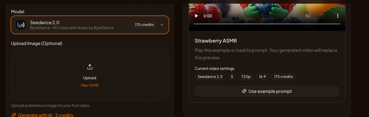 AI Fruit's online video generator with the Seedance 2.0 model selected and its credit cost visible before generation