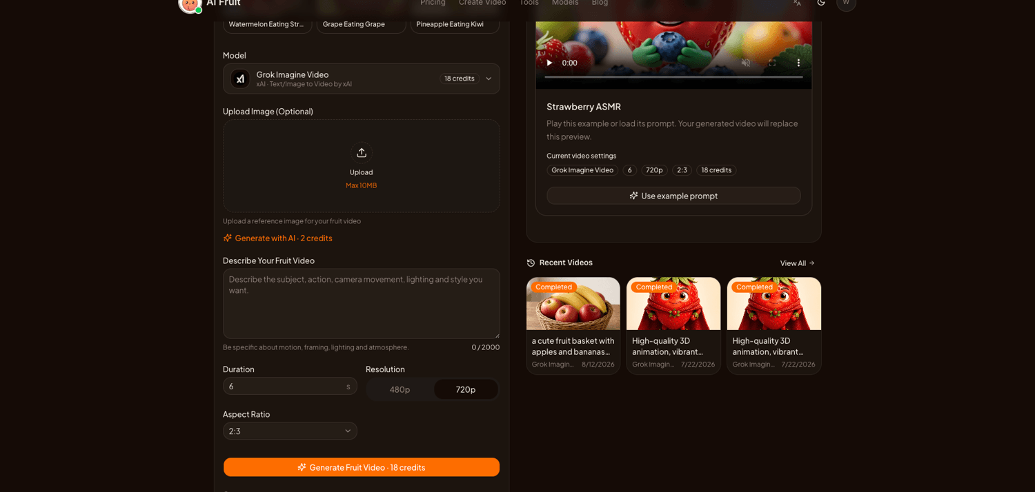 AI Fruit's video generator with the Grok Imagine Video model selected, showing duration, resolution, and aspect ratio controls with credit cost