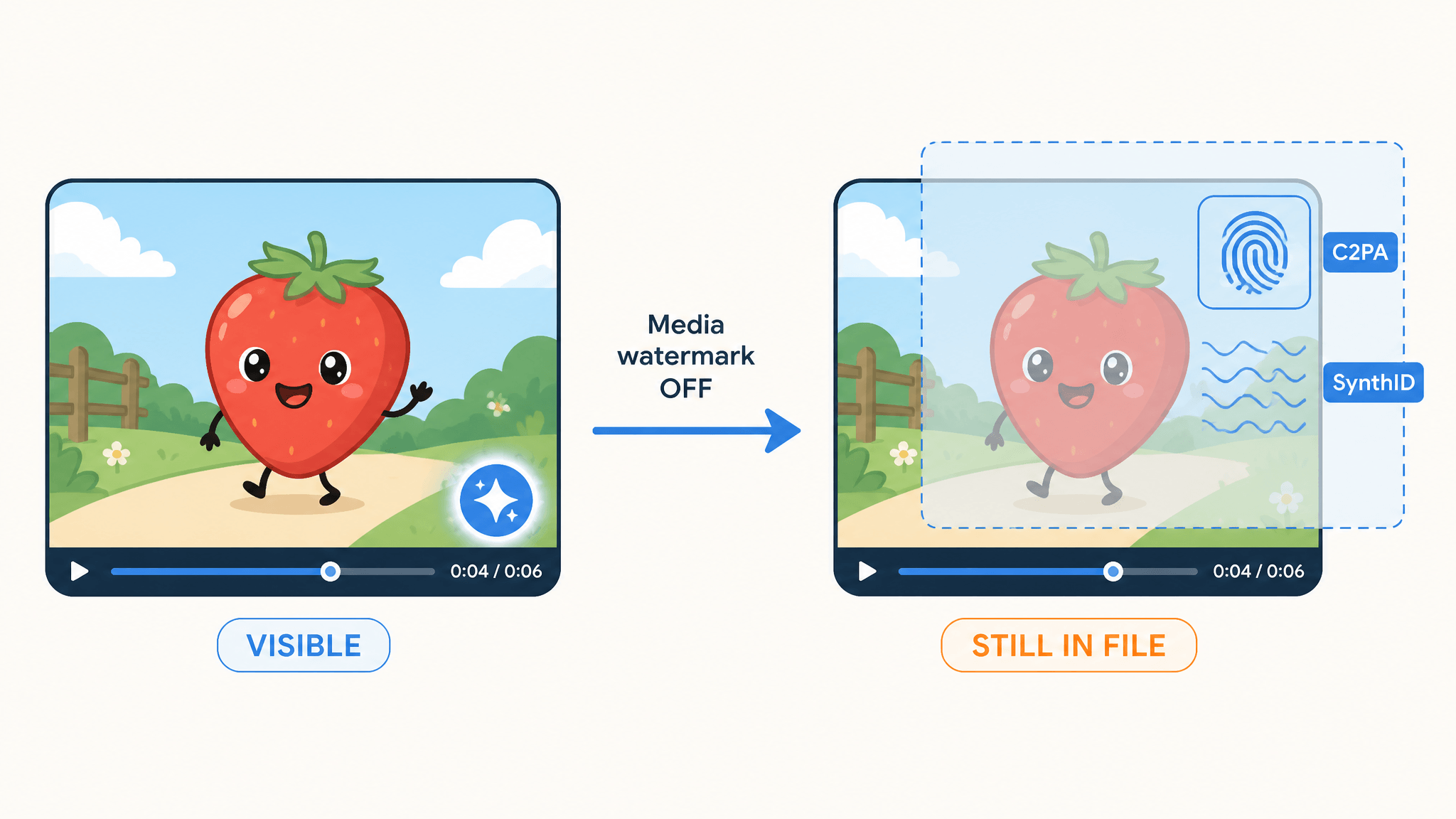 Diagram comparing a video with the visible sparkle watermark to the same video after 'Media watermark OFF', where invisible SynthID and C2PA markers remain in the file