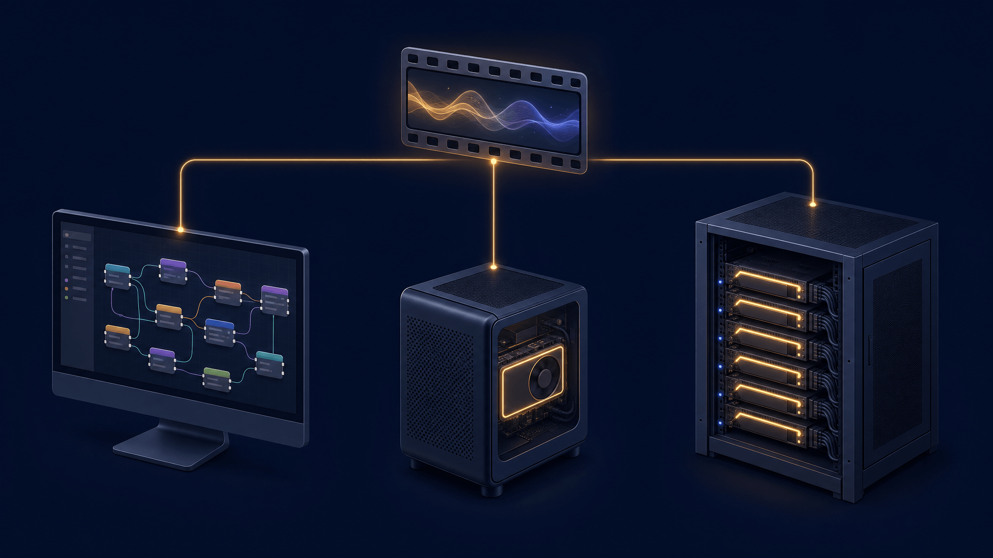 Conceptual illustration of three deployment paths: a desktop visual-workflow setup, a compact workstation, and a multi-GPU server rack