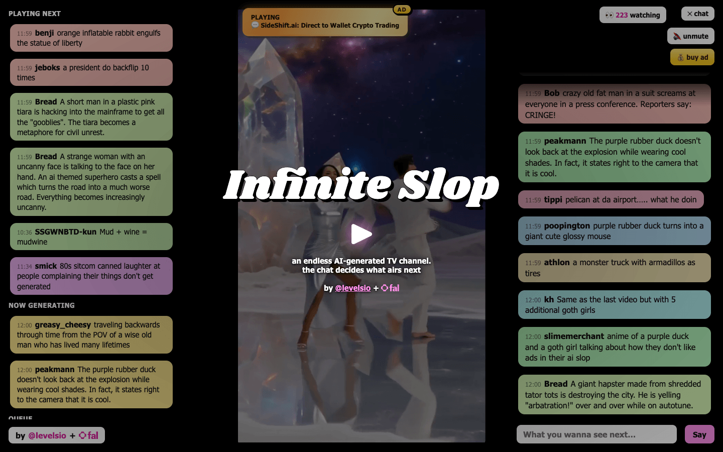Infinite Slop live page showing the chat queue that decides what airs next on the endless AI-generated TV channel