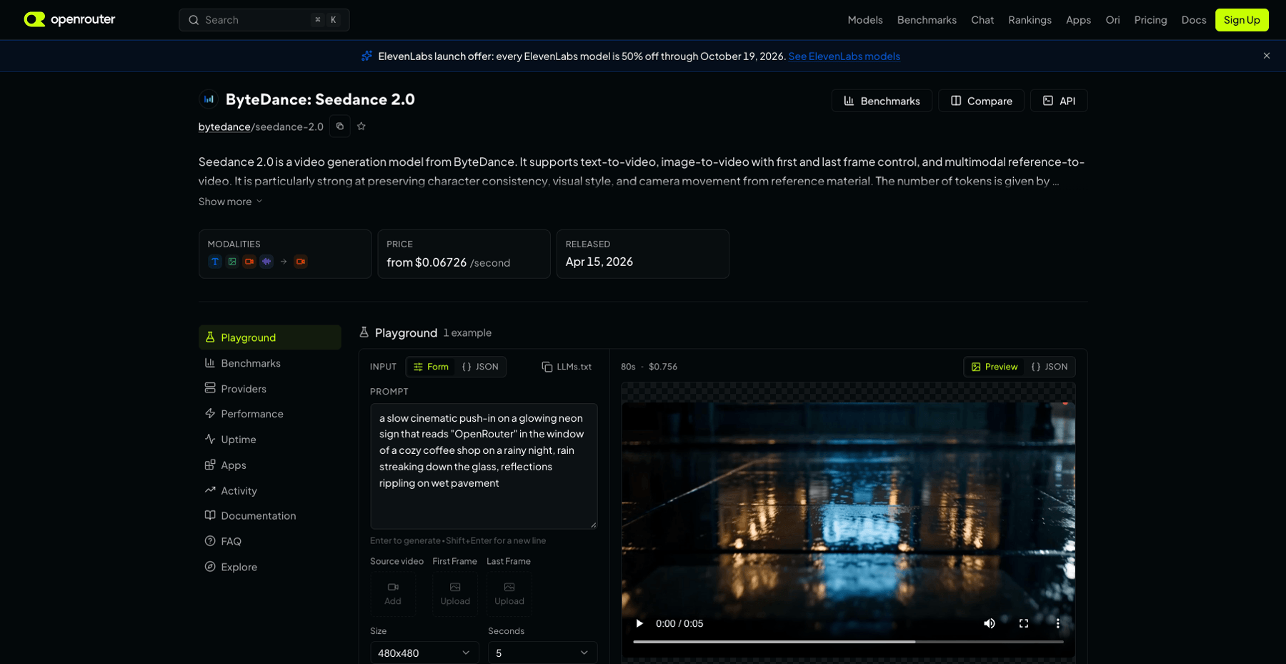 OpenRouter's Seedance 2.0 model page showing its listed price per second of video and hosting provider
