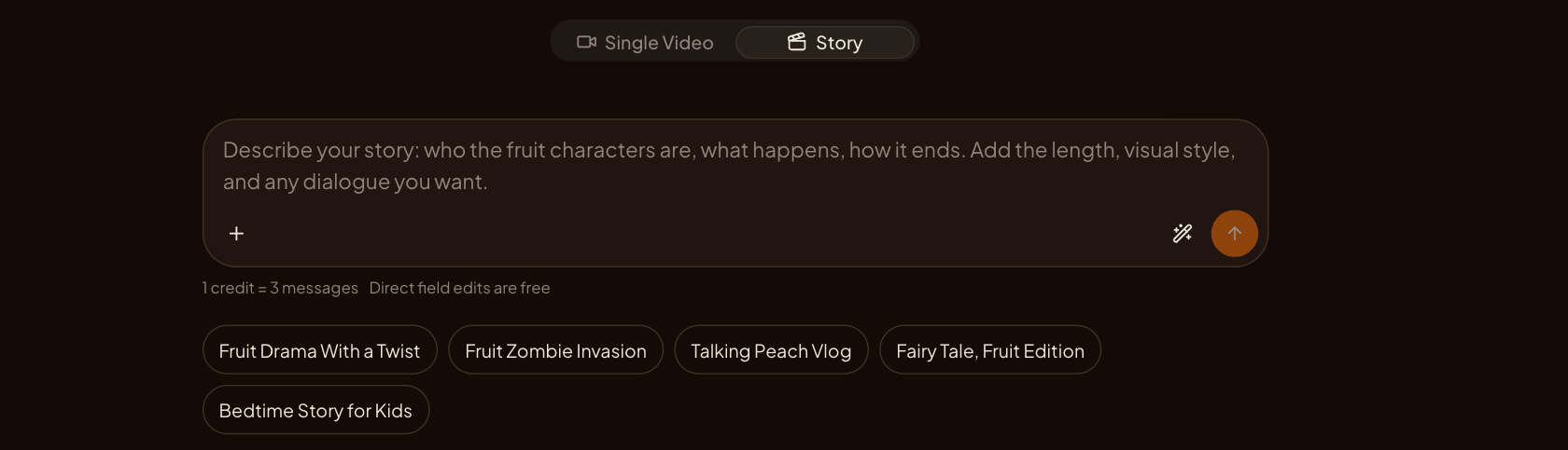AI Fruit's generator with the Story tab active: a box to describe your fruit story, the credit rule, and story idea chips like Fruit Drama With a Twist