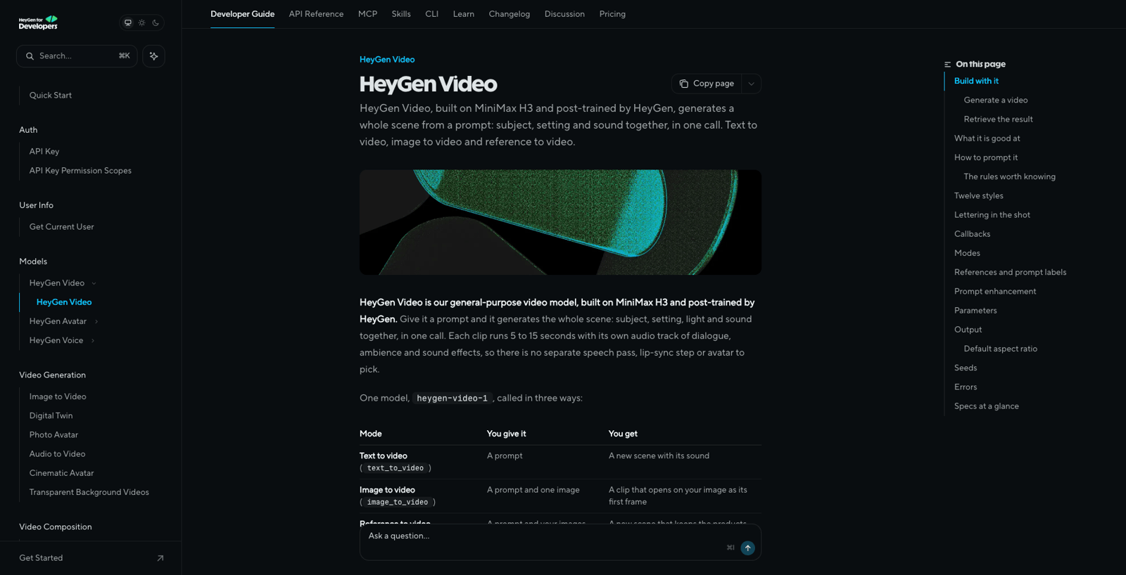 HeyGen's official Video 1 documentation page showing the three generation modes table