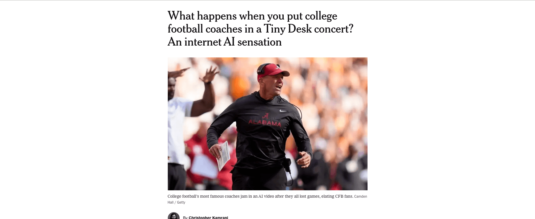 The Athletic's October 23, 2026 report on the college football coaches Tiny Desk AI video, shown with its original headline and branding