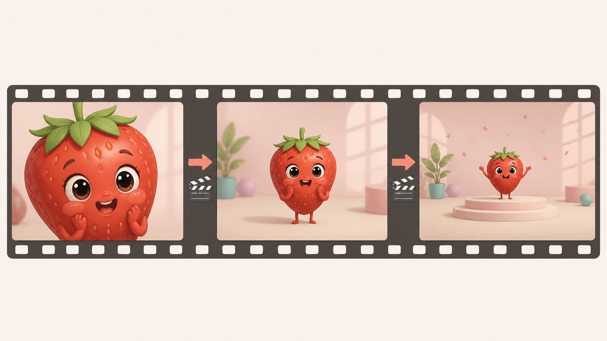 Diagram of three consecutive shots of the same strawberry character linked into one continuous multi-shot video