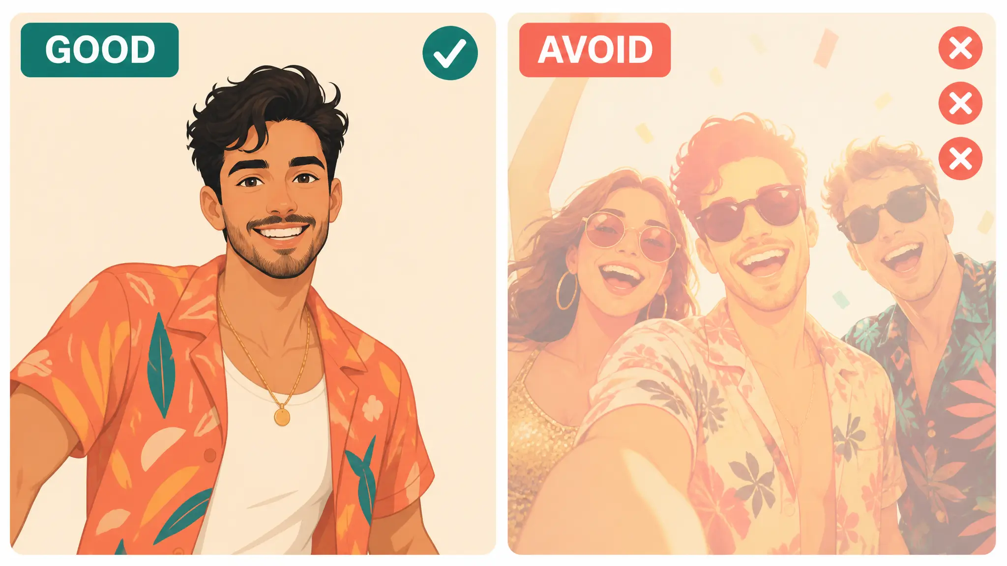 Good versus avoid: one person with a clear face and plain background works; sunglasses, heavy filters and group photos do not