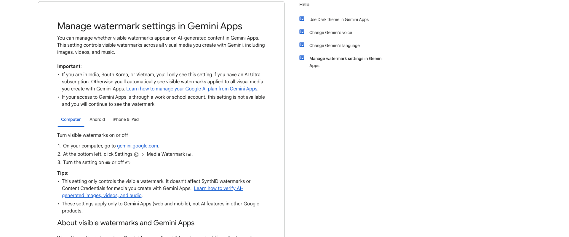 Screenshot of Google's 'Manage watermark settings in Gemini Apps' help page, which states the setting only controls the visible watermark and does not affect SynthID watermarks or Content Credentials