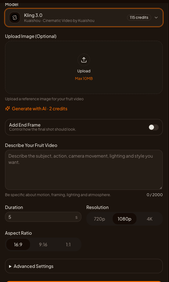 AI Fruit's online video generator interface with the model selector showing Kling 3.0 among the available video models