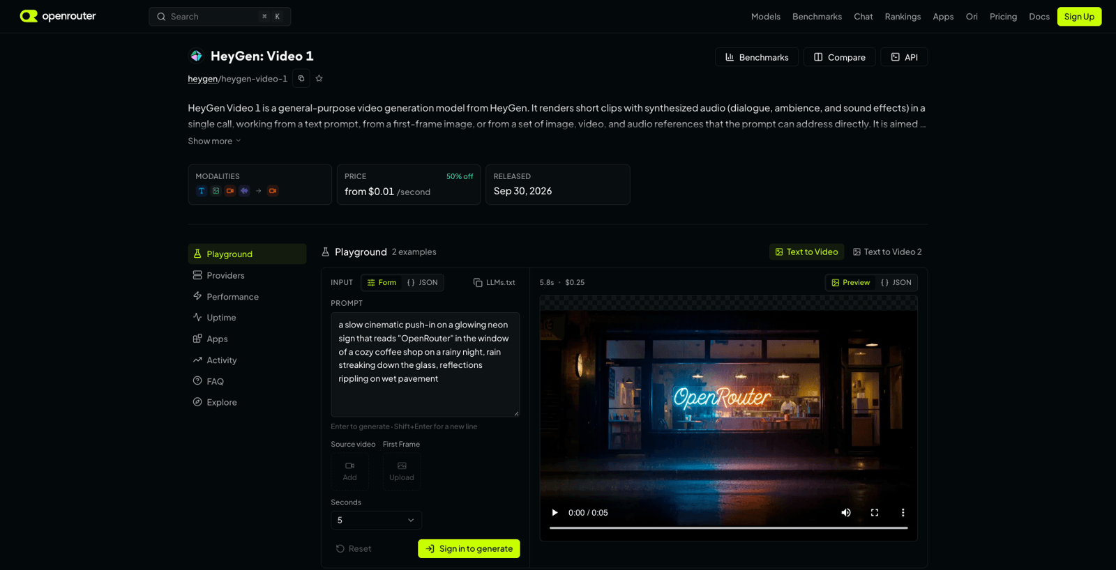 OpenRouter's Video 1 model page showing per-second pricing with the launch discount