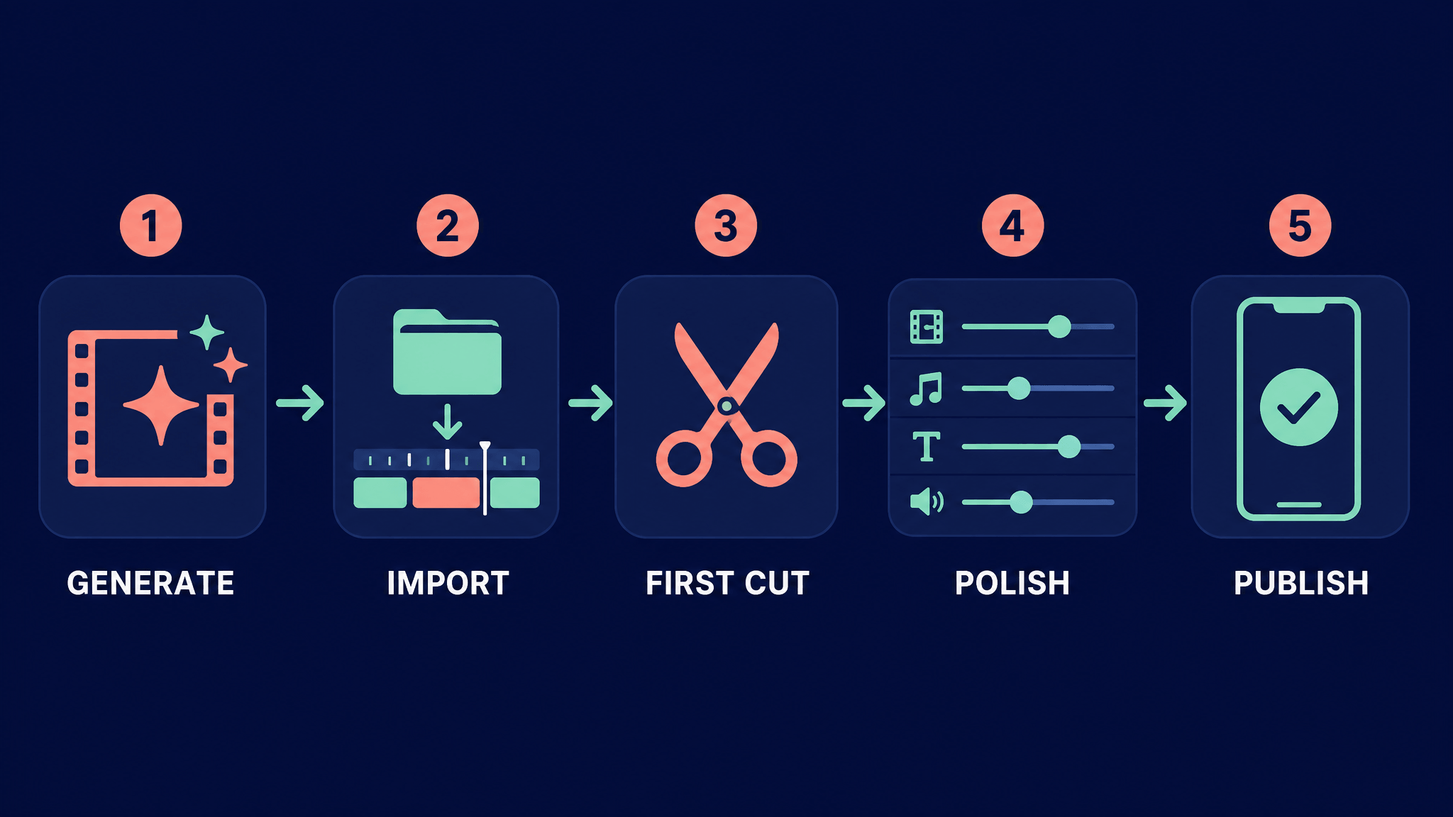 Diagram of the five-step video finishing workflow: generate source material, import and transcribe, first cut, per-track polish, cut to length