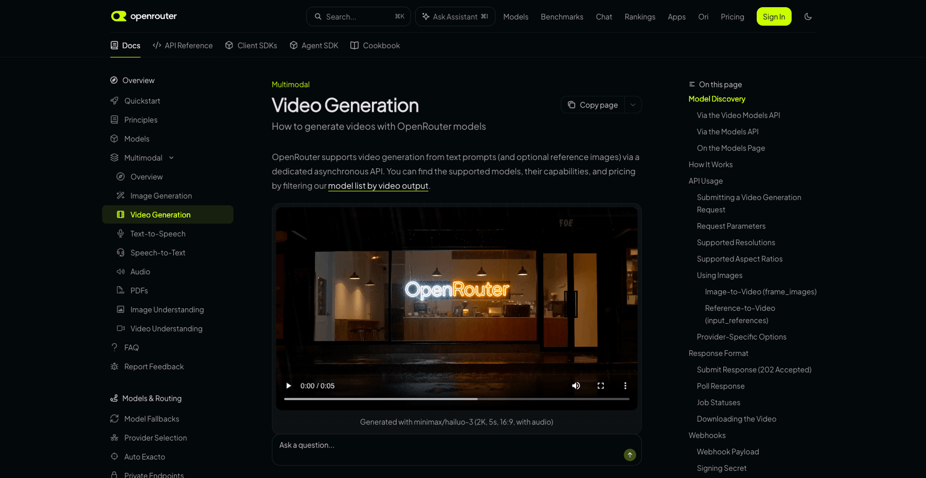 OpenRouter's video generation documentation describing the asynchronous submit, poll, and download workflow