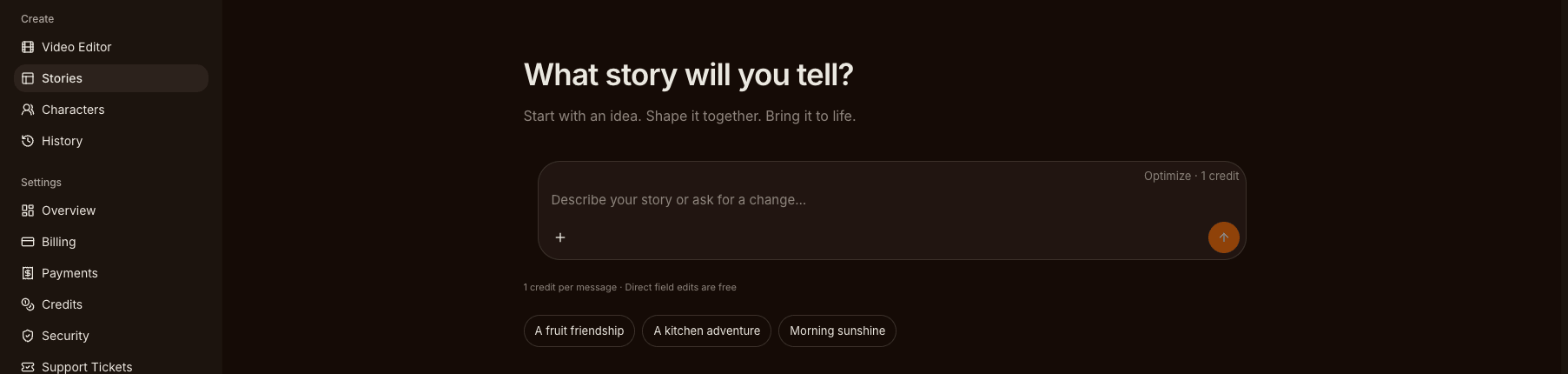 The Story Director home in the AI Fruit app: a chat composer that turns a story description into a multi-scene script, with example idea chips