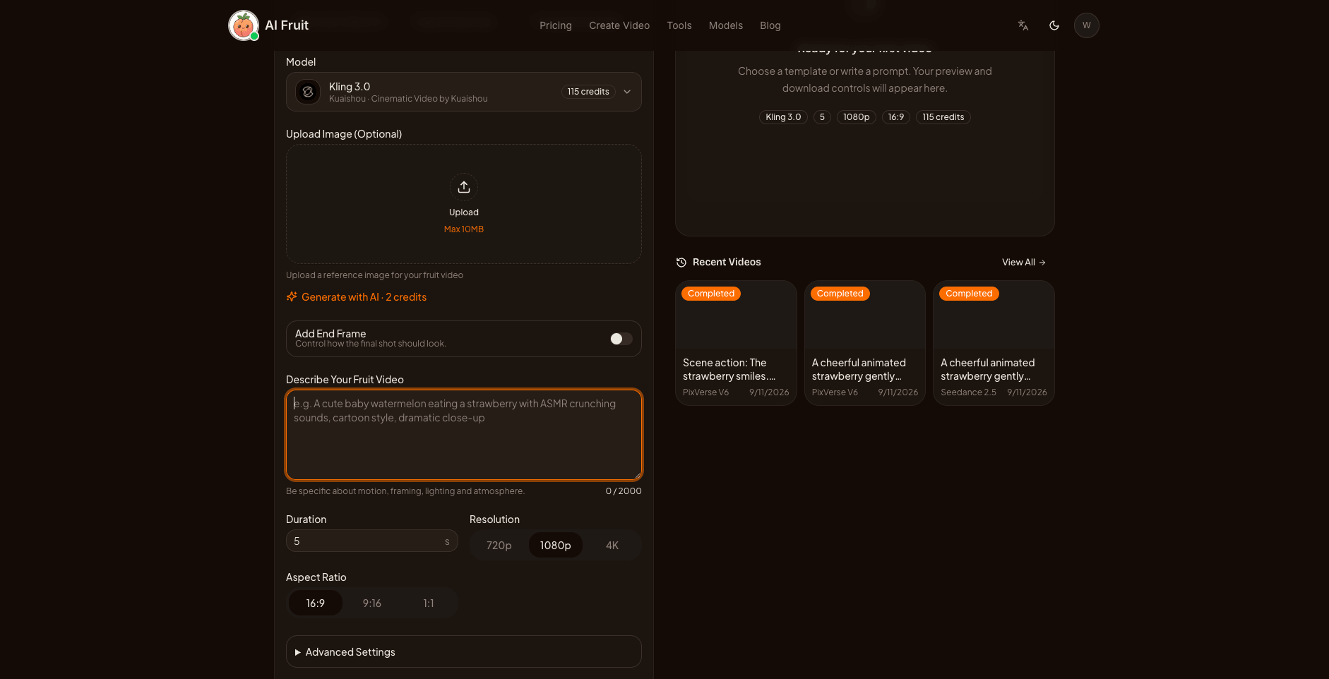 AI Fruit's video generator editor with Kling 3.0 selected and the 115-credit generation cost visible before generating