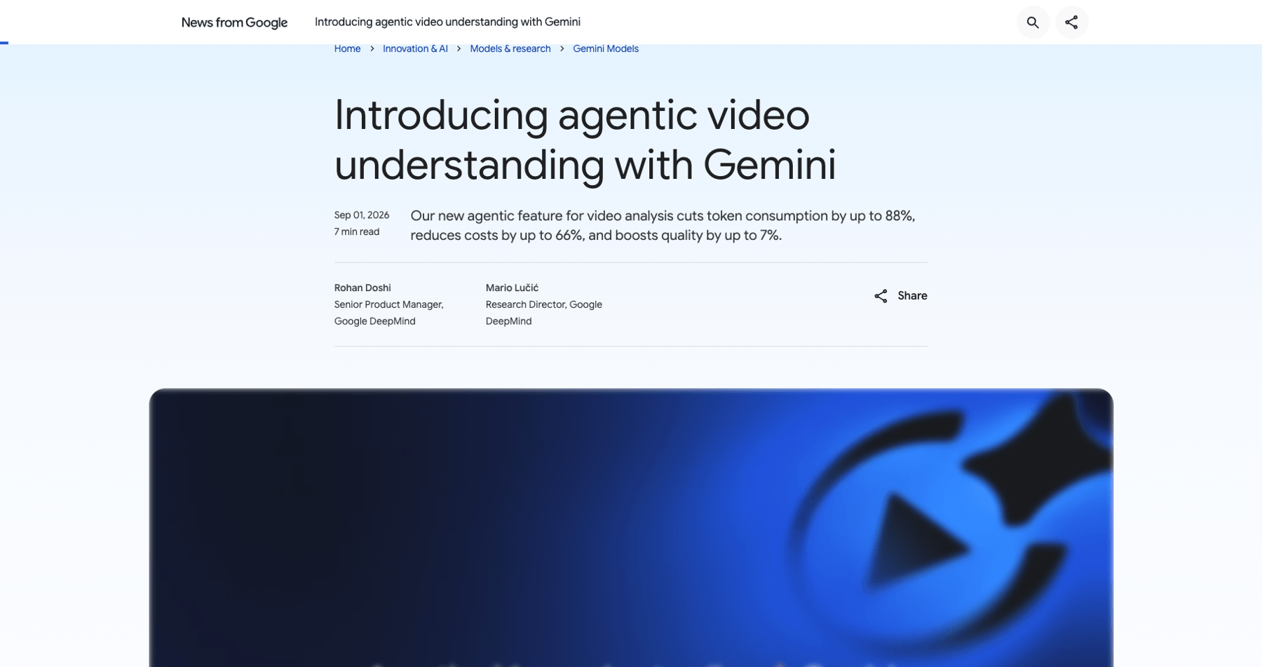 Google DeepMind announcement page introducing agentic video understanding with Gemini