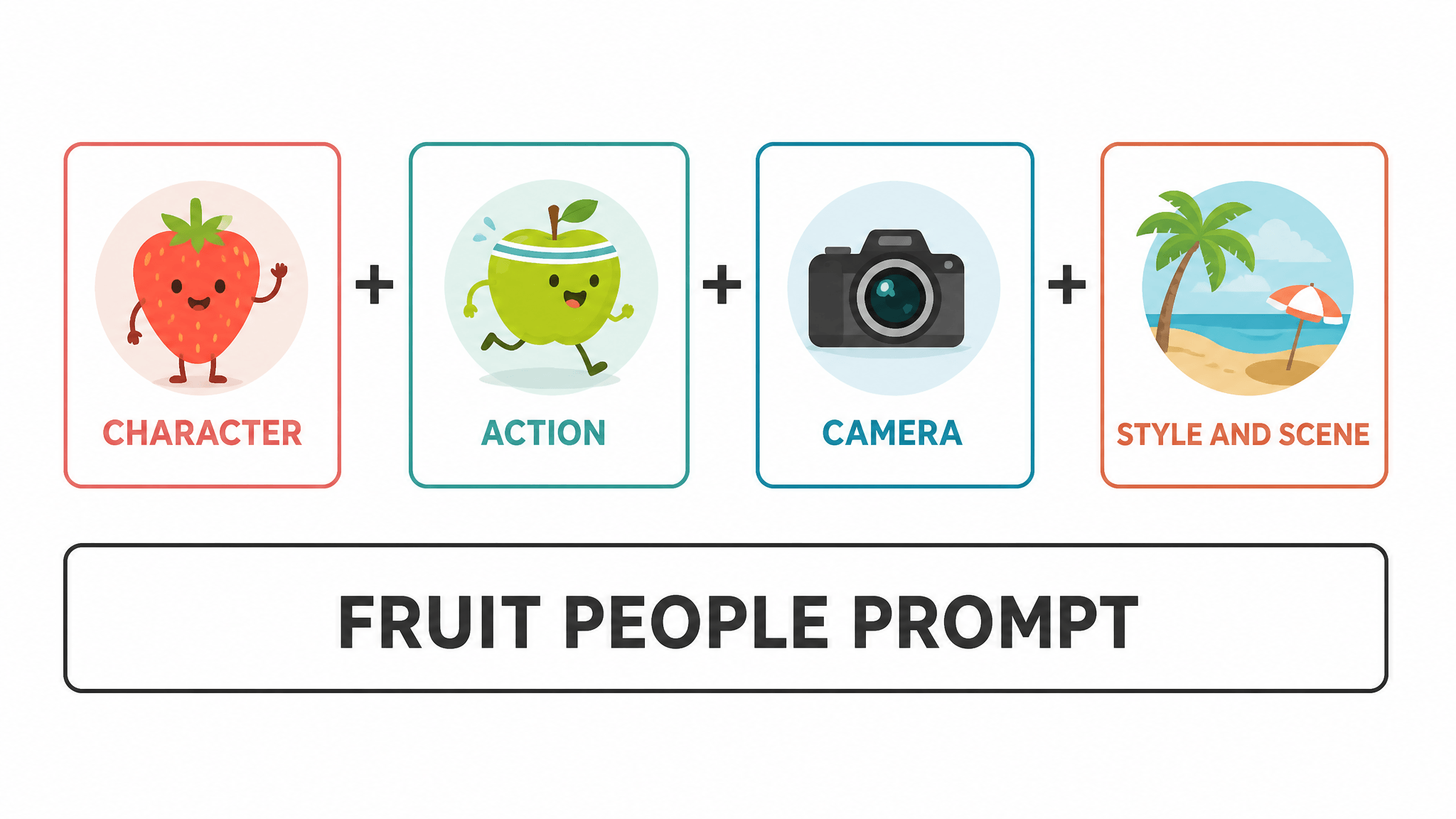 Diagram of the four fruit-people prompt blocks — character, action, camera, and style and scene — joined into one prompt formula