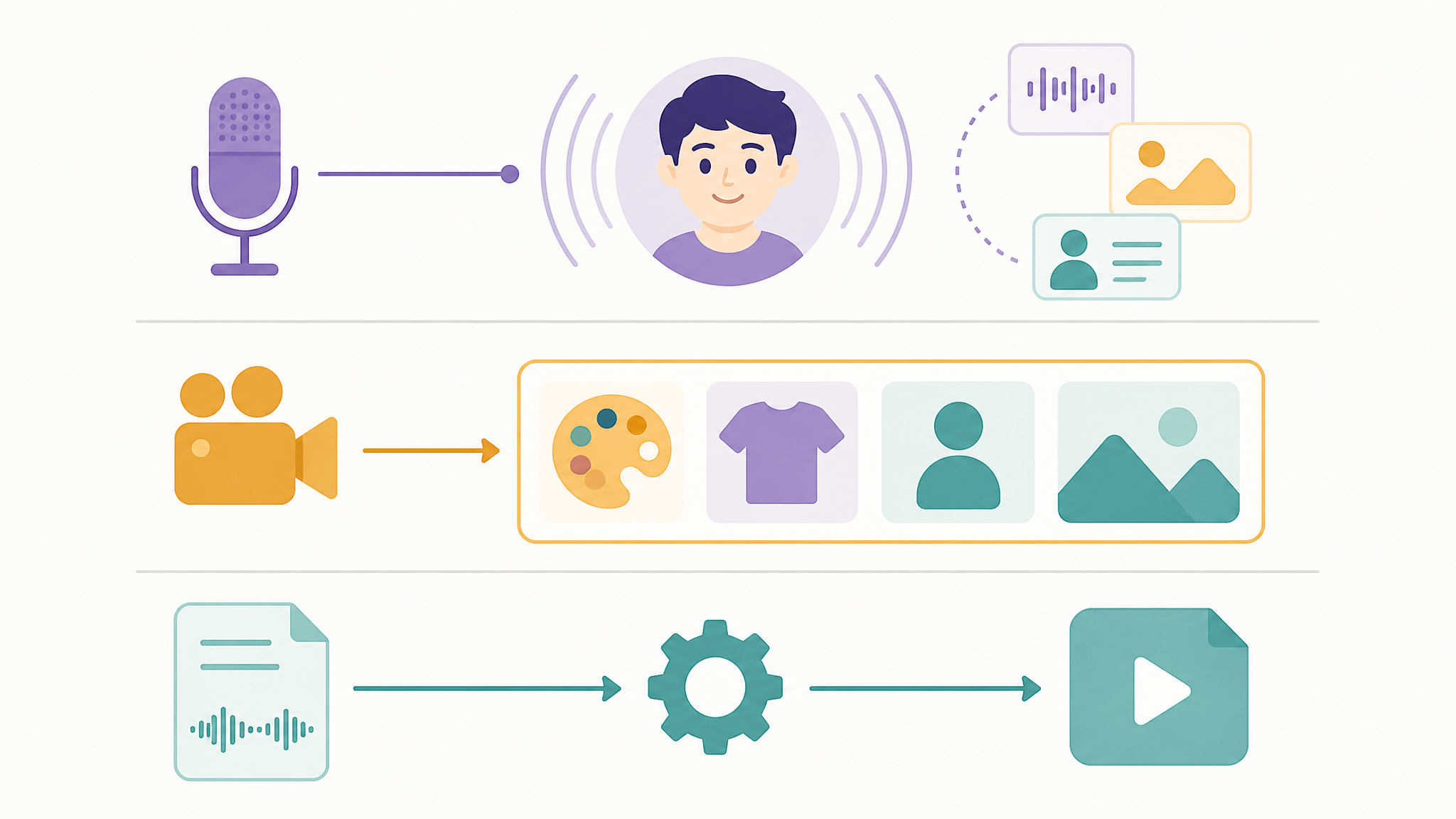 Three-lane diagram without text: a microphone driving an avatar with soundwaves and reference cards; a camera stream flowing through style, outfit, person, and background swap icons; a script-plus-audio file rendering into a playable video.