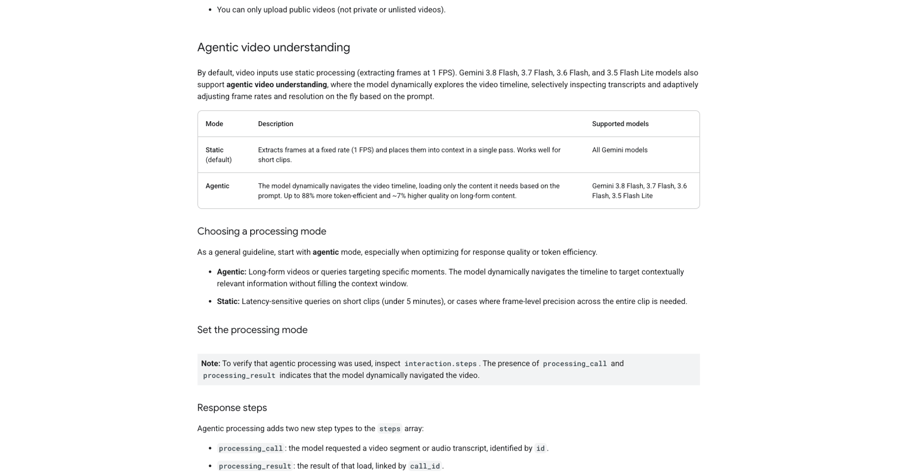 Gemini API developer documentation describing static versus agentic video processing modes