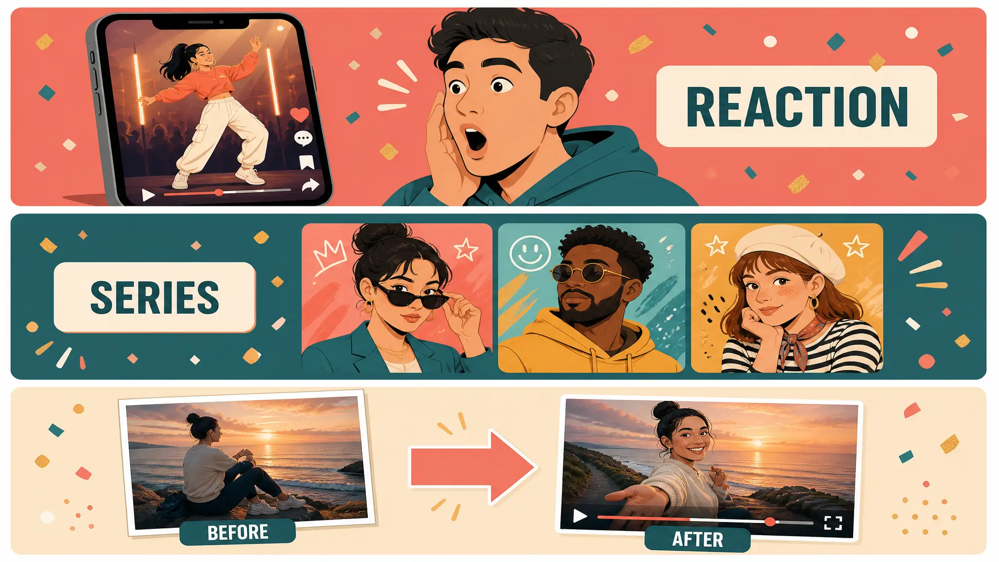 Three content formats for the trend: a reaction clip, a series of different people, and a before-and-after
