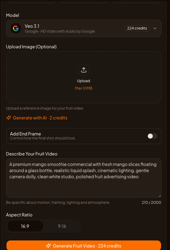 AI Fruit's Veo 3.1 generator page with model selection, prompt input, aspect ratio options, and the credit estimate shown before generation