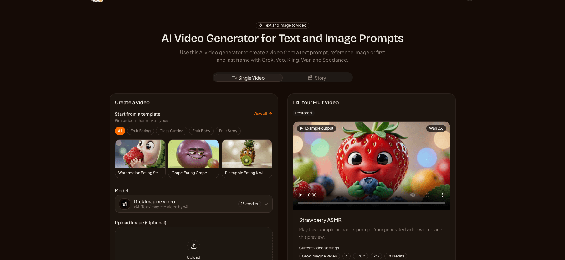 AI Fruit's video generator interface where you pick a model, upload a photo, and see settings and credit cost before generating