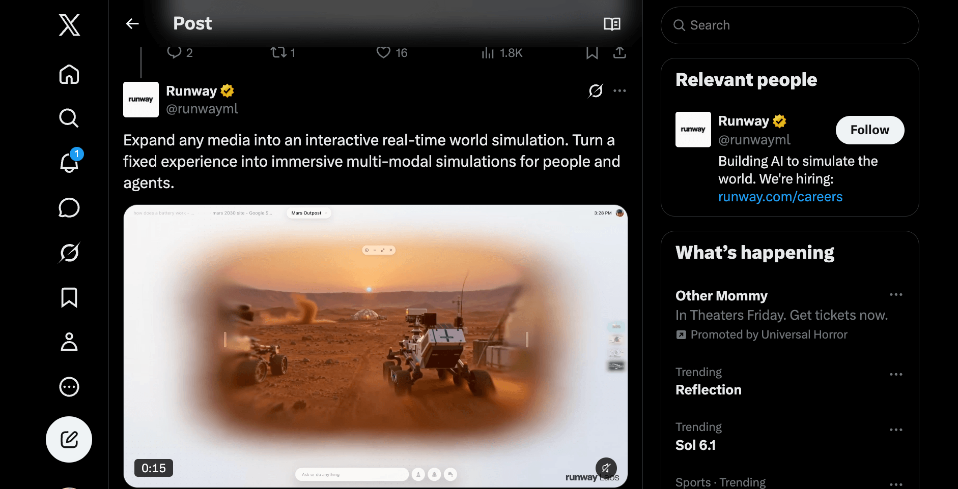 Screenshot of Runway's official X post from October 1, 2026 announcing the ability to expand any media into an interactive real-time world simulation