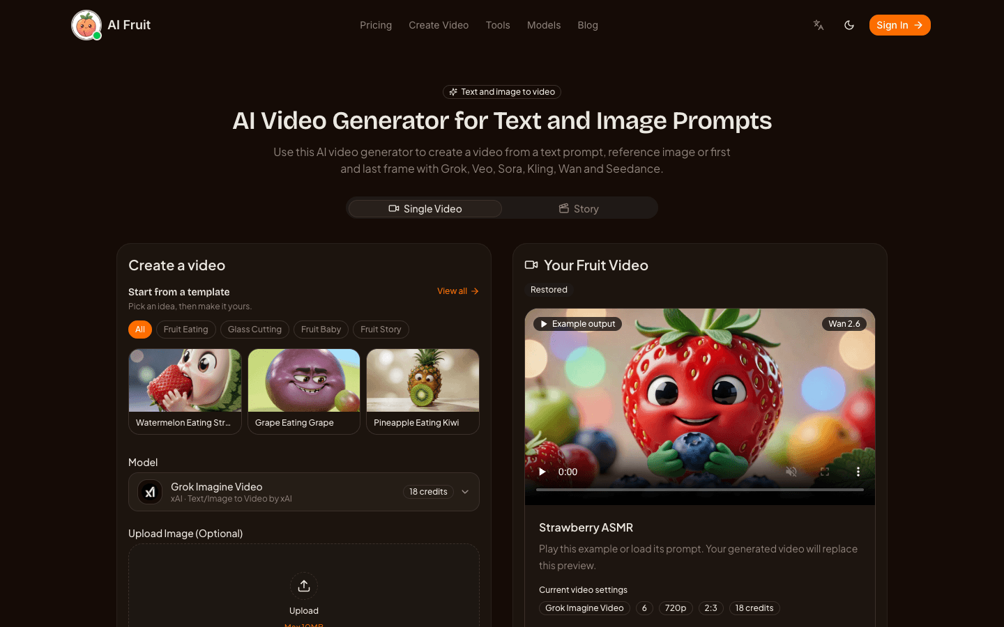 AI Fruit video generator entry showing the Single Video and Story mode tabs