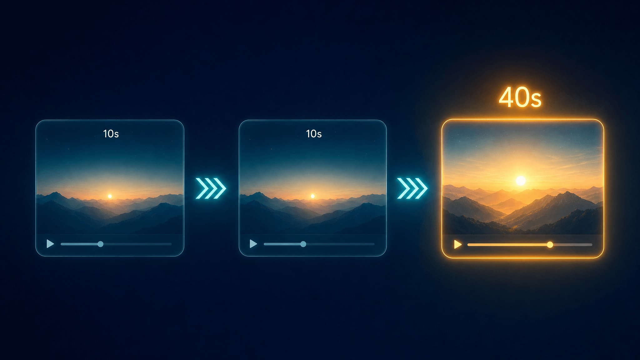 Diagram of scene extension: three chained 10-second video segments connected by arrows, with the final segment glowing at a 40-second total