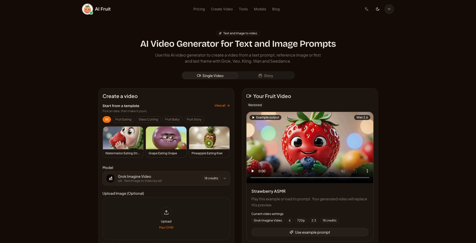 AI Fruit's AI video generator page where creators start a video from a prompt, image, template, or model