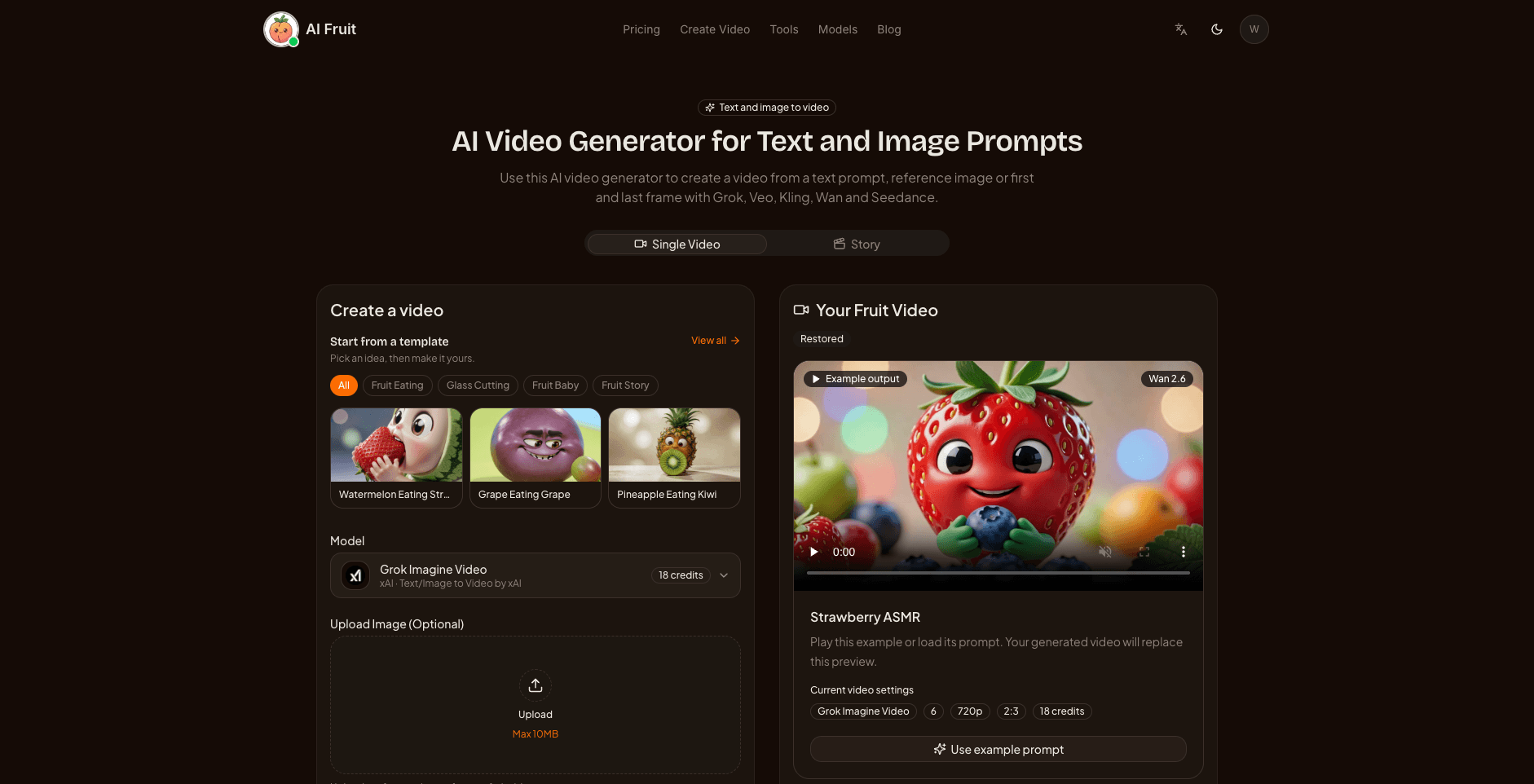 Screenshot of the AI Fruit video generator interface showing creation paths with model choice and credit cost visible before generating