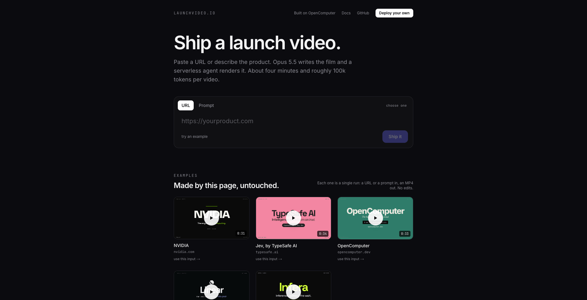 LaunchVideo homepage showing the single input field that accepts a URL or prompt, with example launch-video clips below
