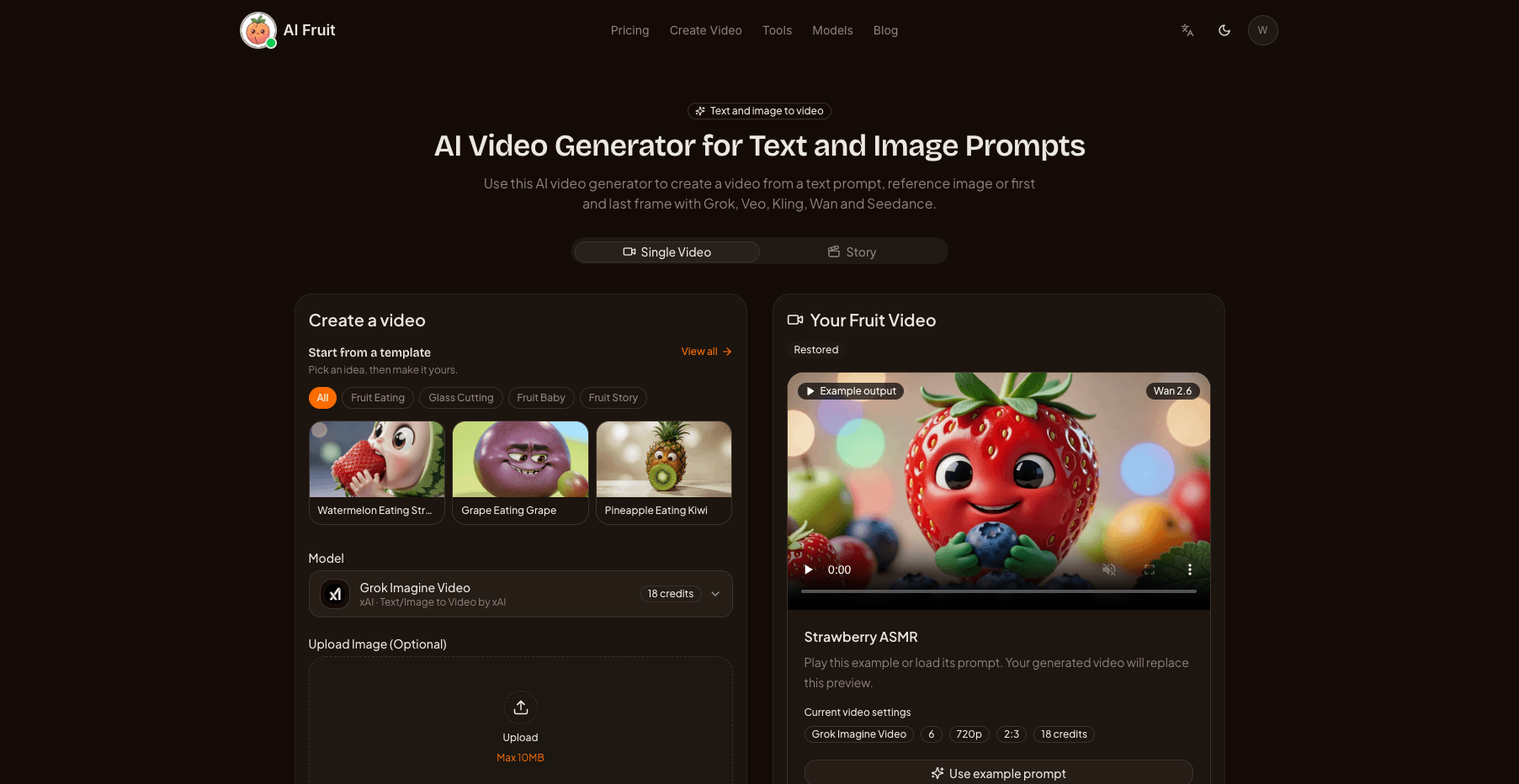 The AI Fruit video generator showing the Single Video and Story tabs, template chips, the model selector with a credit estimate, and an example output