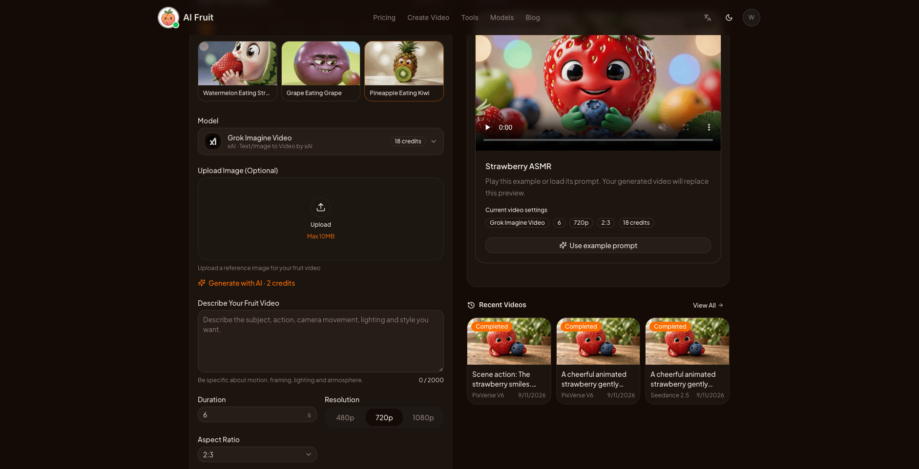 AI Fruit's video generator interface with model selection and credit costs visible before generation