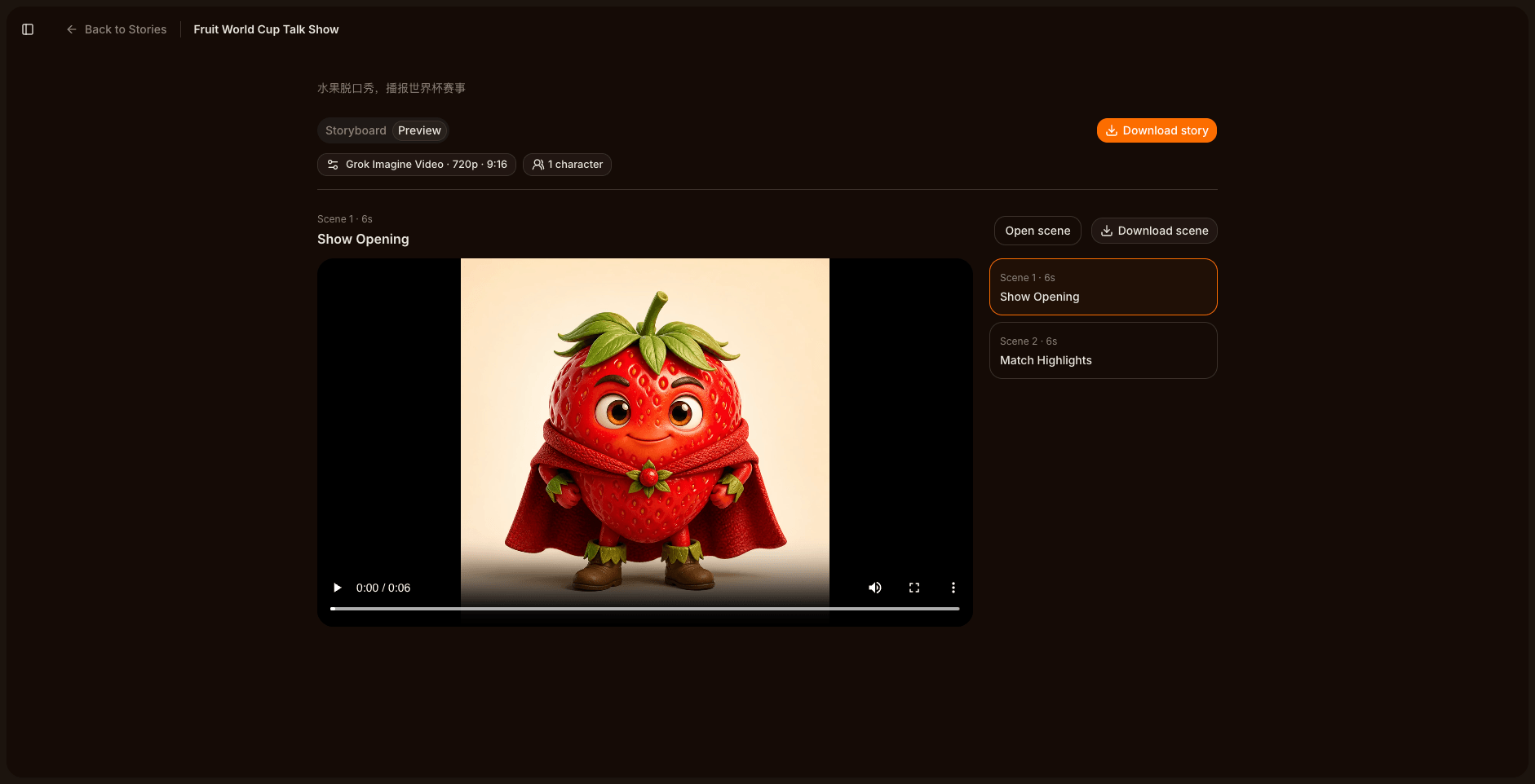 AI Fruit story Preview tab listing each scene's chosen result in order with Download story and per-scene download controls