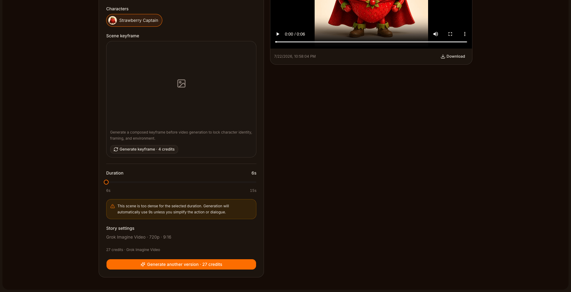 AI Fruit scene editor showing the scene action field, 6-15s duration control, a timing-density warning, a 4-credit keyframe button, and a 27-credit per-scene generation estimate