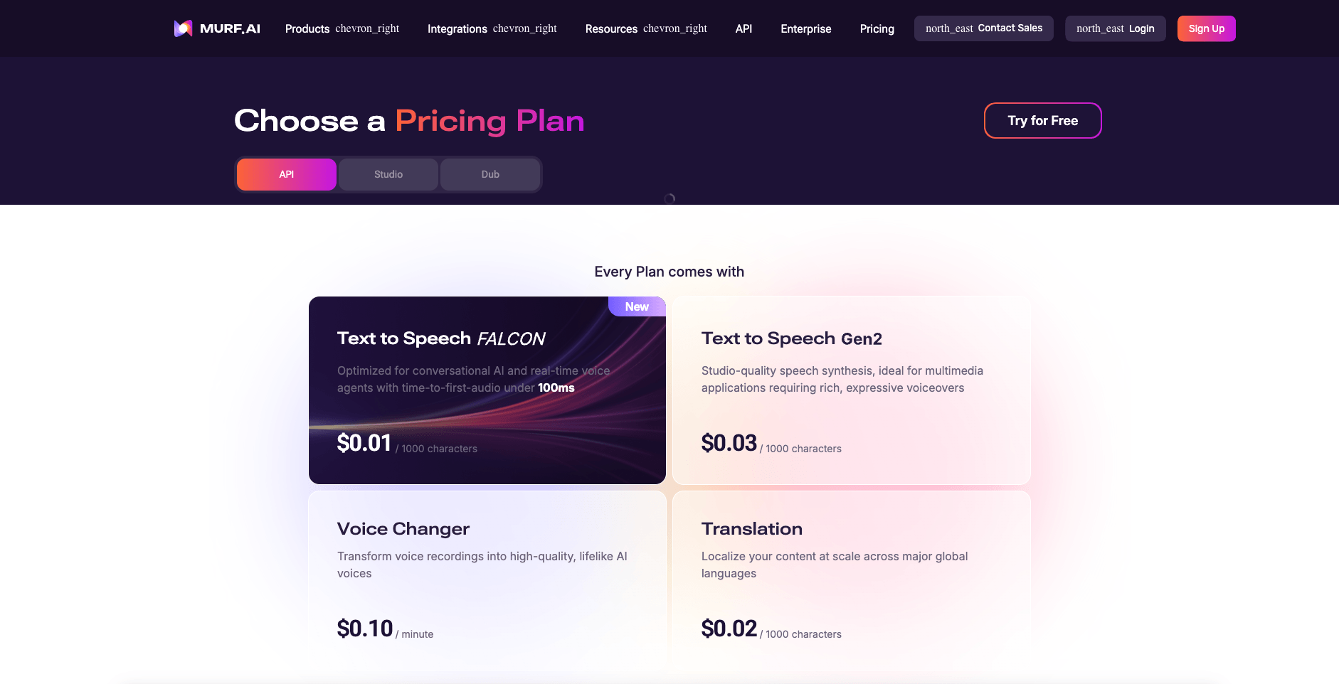 Murf pricing page listing per-usage rates for text to speech, voice changer, and translation