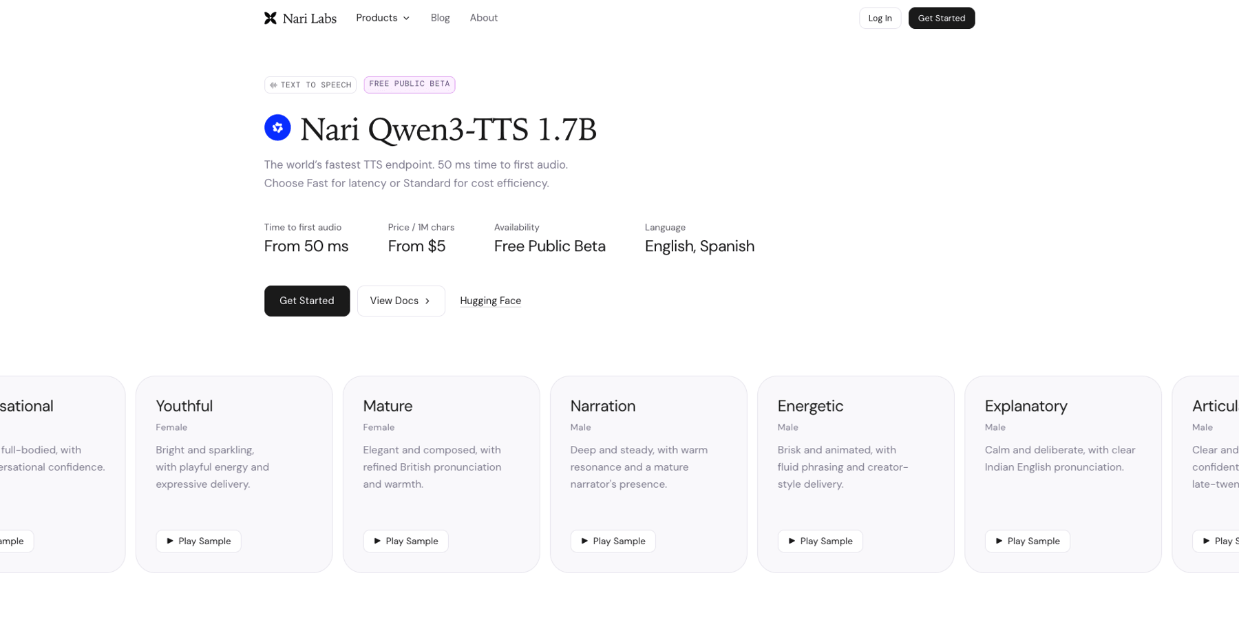 Nari Qwen3-TTS product page: Fast and Standard endpoint variants with latency and pricing, plus preset voice lineup