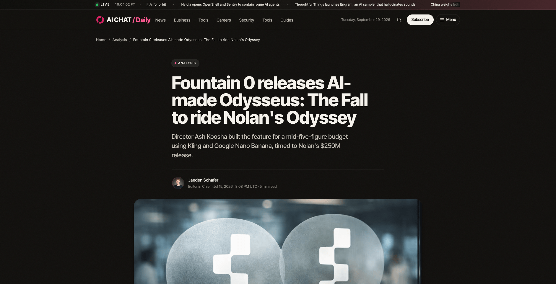 AI Chat Daily's report headline: Fountain 0 releases AI-made Odysseus: The Fall, built for a mid-five-figure budget using Kling and Google Nano Banana